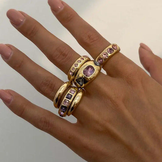 6Pcs/Set Punk Purple Zircon Adjustable Opening Rings for Women Smooth Gold Color Finger Ring Set for Female Daily Jewelry Gifts
